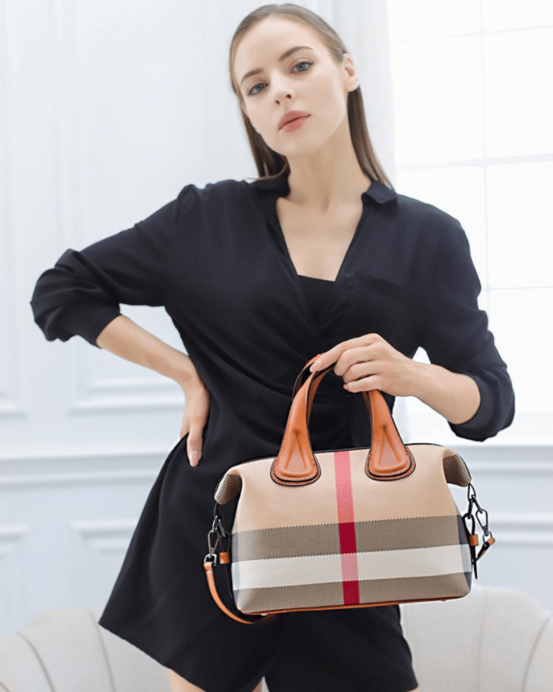 Ekose Desenli Tuval & Deri El Çantası | Şık ve Çok Yönlü Tasarım