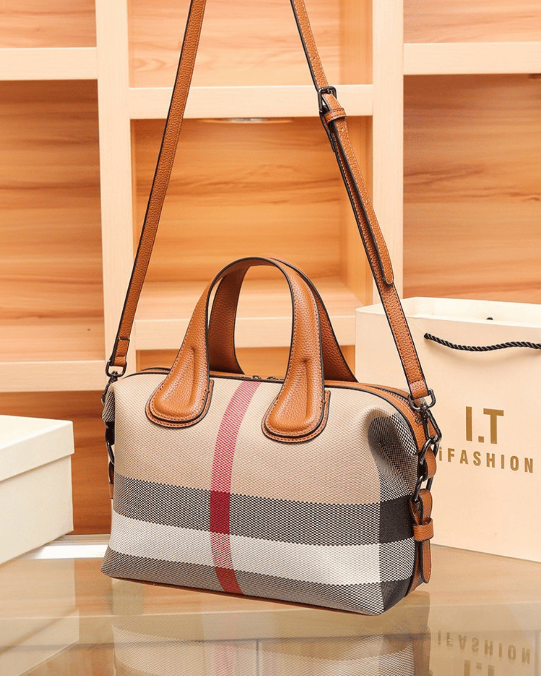 Ekose Desenli Tuval & Deri El Çantası | Şık ve Çok Yönlü Tasarım